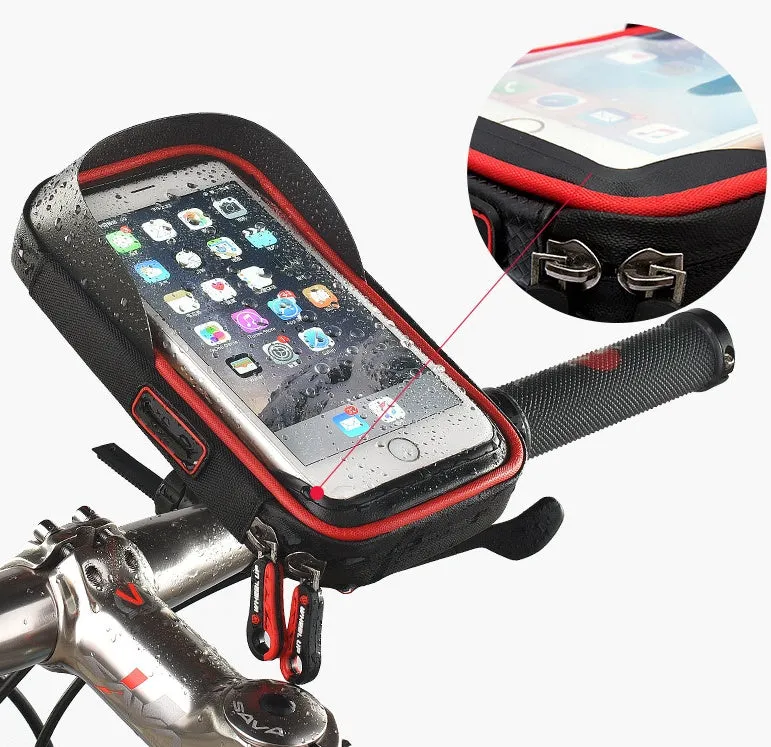 Black nylon cycle mobile phone bracket bag with 6.0 inch screen window, water resistant, anti-glare visor, and tool-free adjustable base