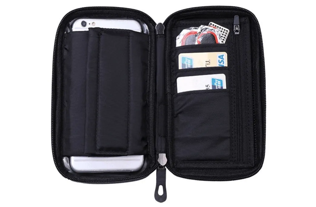 Black nylon cycle mobile phone bracket bag with 6.0 inch screen window, water resistant, anti-glare visor, and tool-free adjustable base
