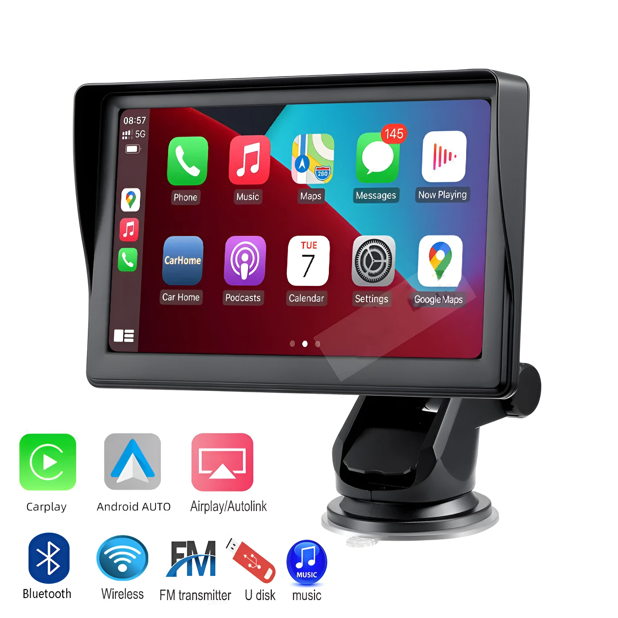 7 inch portable car smart screen with wireless CarPlay and Android Auto on retractable bracket