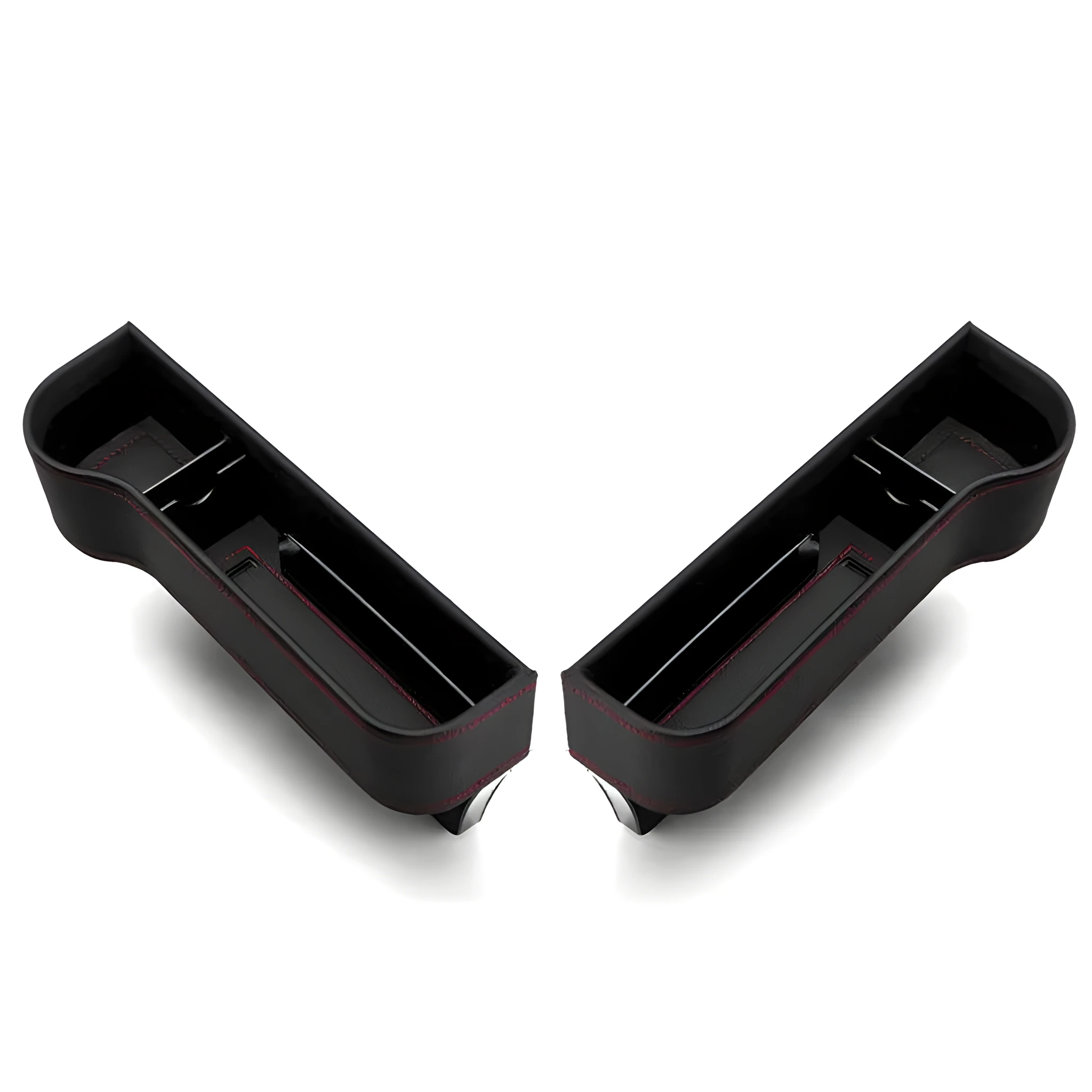 PU leather car seat gap storage box in black, showing phone and cup storage between seat and console
