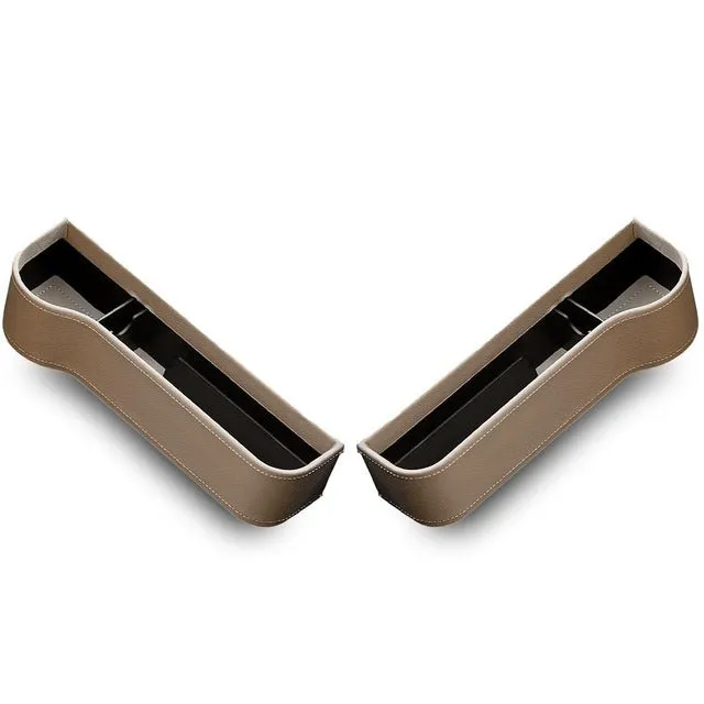 PU leather car seat gap storage box in black, showing phone and cup storage between seat and console