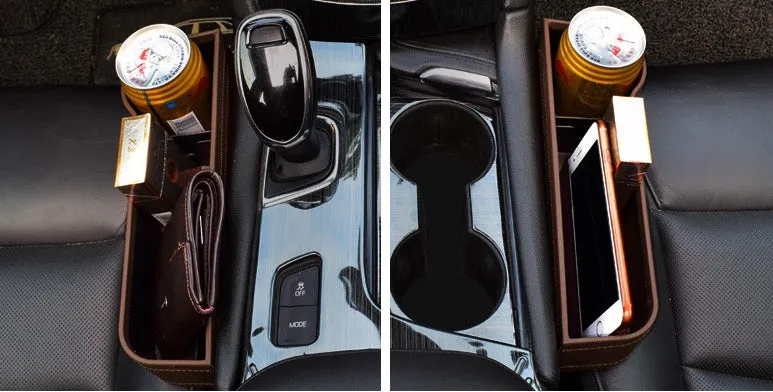 PU leather car seat gap storage box in black, showing phone and cup storage between seat and console