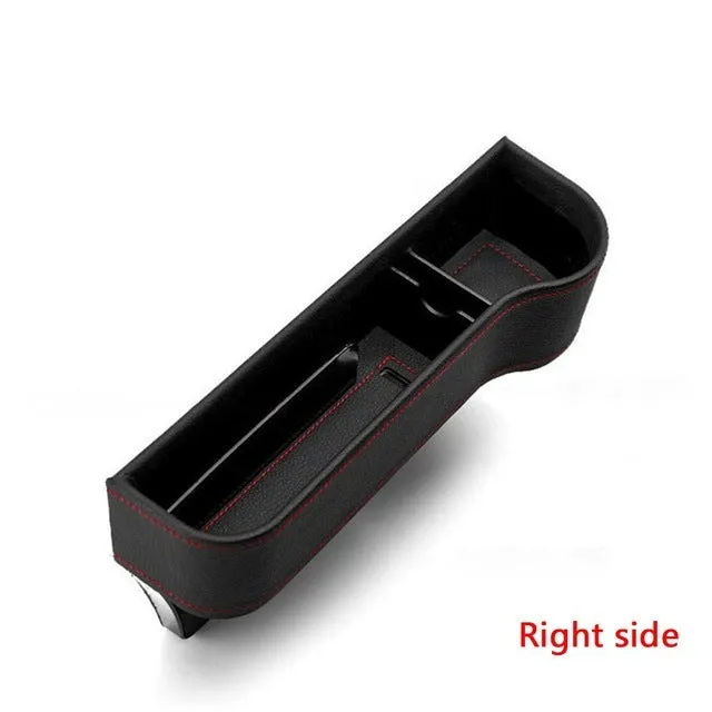 PU leather car seat gap storage box in black, showing phone and cup storage between seat and console