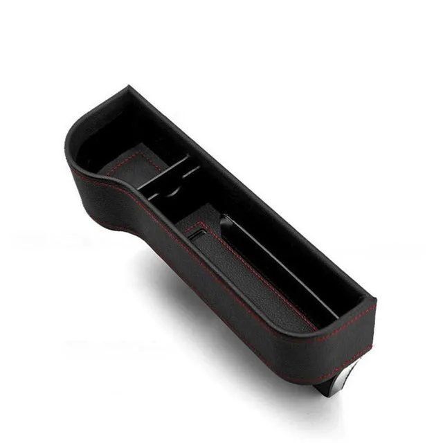 PU leather car seat gap storage box in black, showing phone and cup storage between seat and console