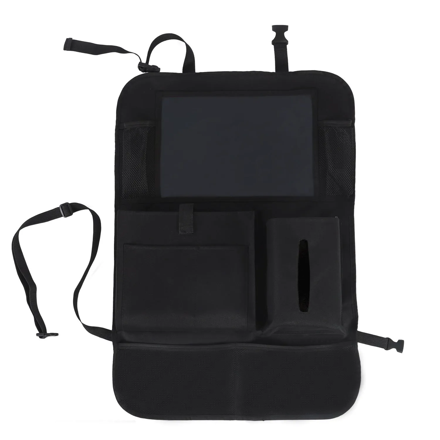 Black car seat back storage pouch with 9 storage bags and transparent iPad touch screen pocket hanging on a car seat back