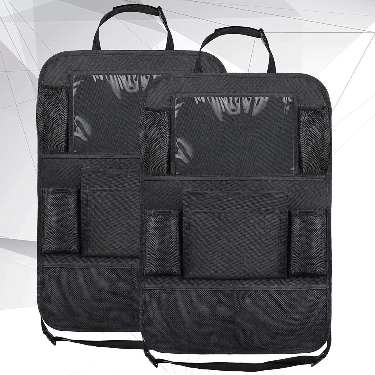Black car seat back storage pouch with 9 storage bags and transparent iPad touch screen pocket hanging on a car seat back