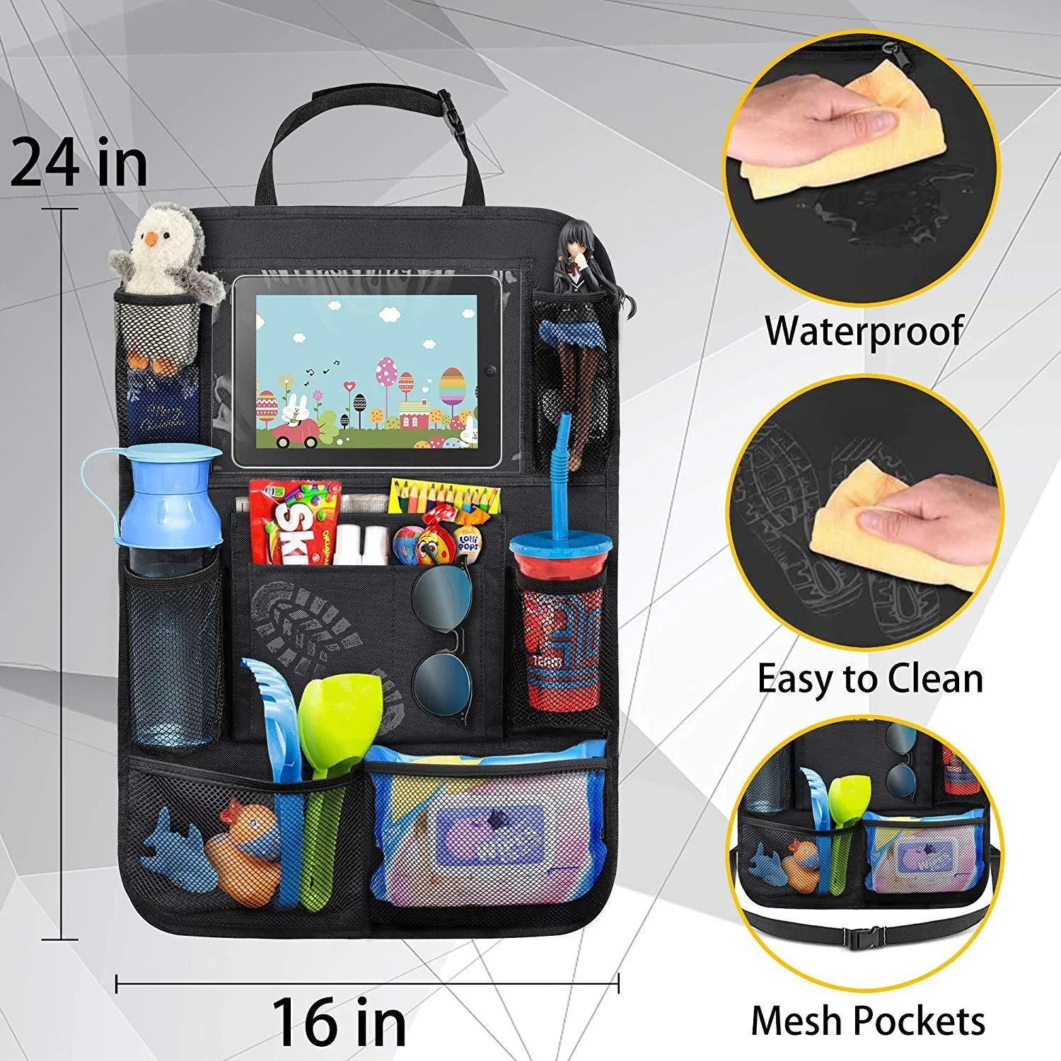 Black car seat back storage pouch with 9 storage bags and transparent iPad touch screen pocket hanging on a car seat back