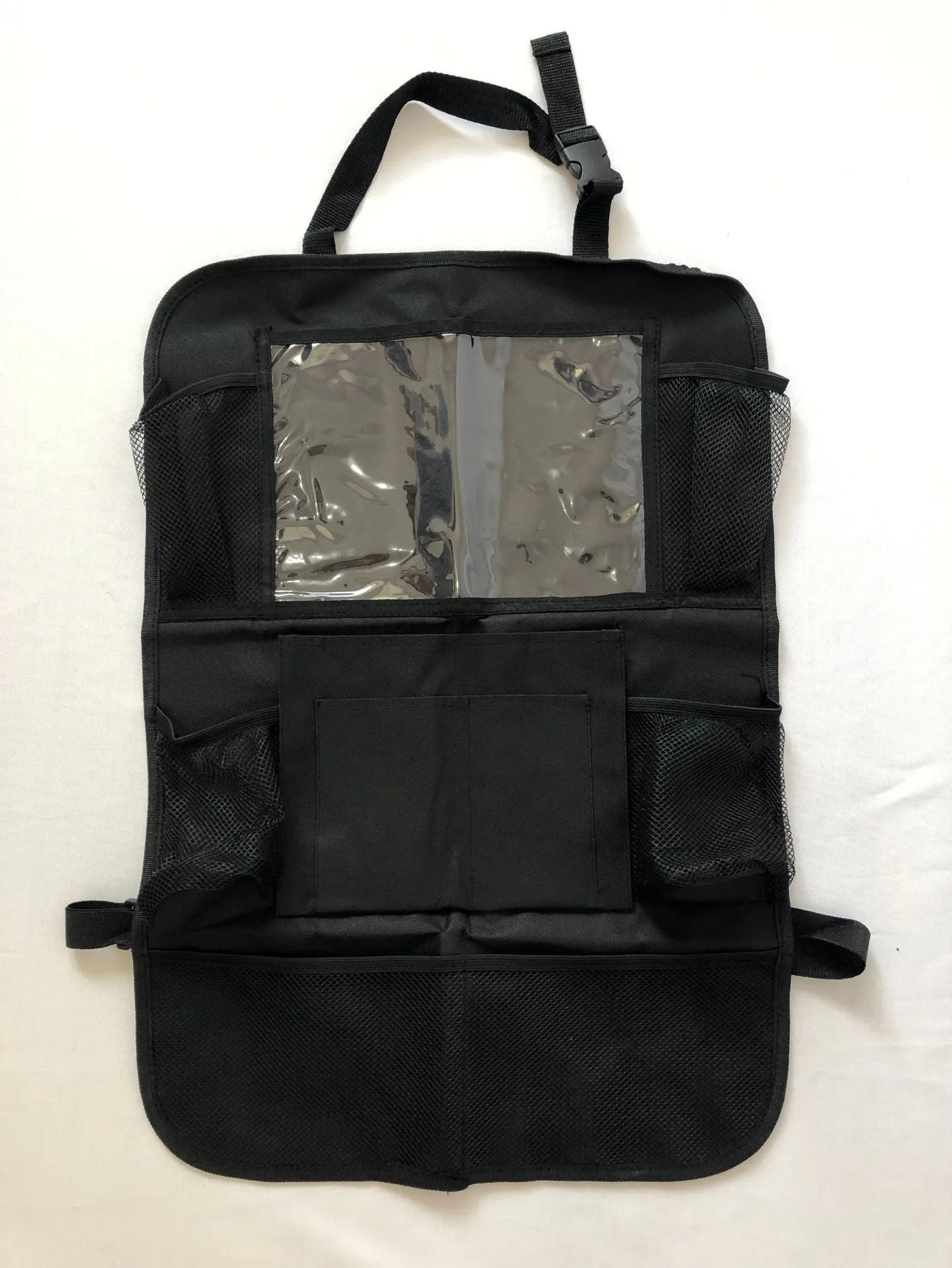 Black car seat back storage pouch with 9 storage bags and transparent iPad touch screen pocket hanging on a car seat back