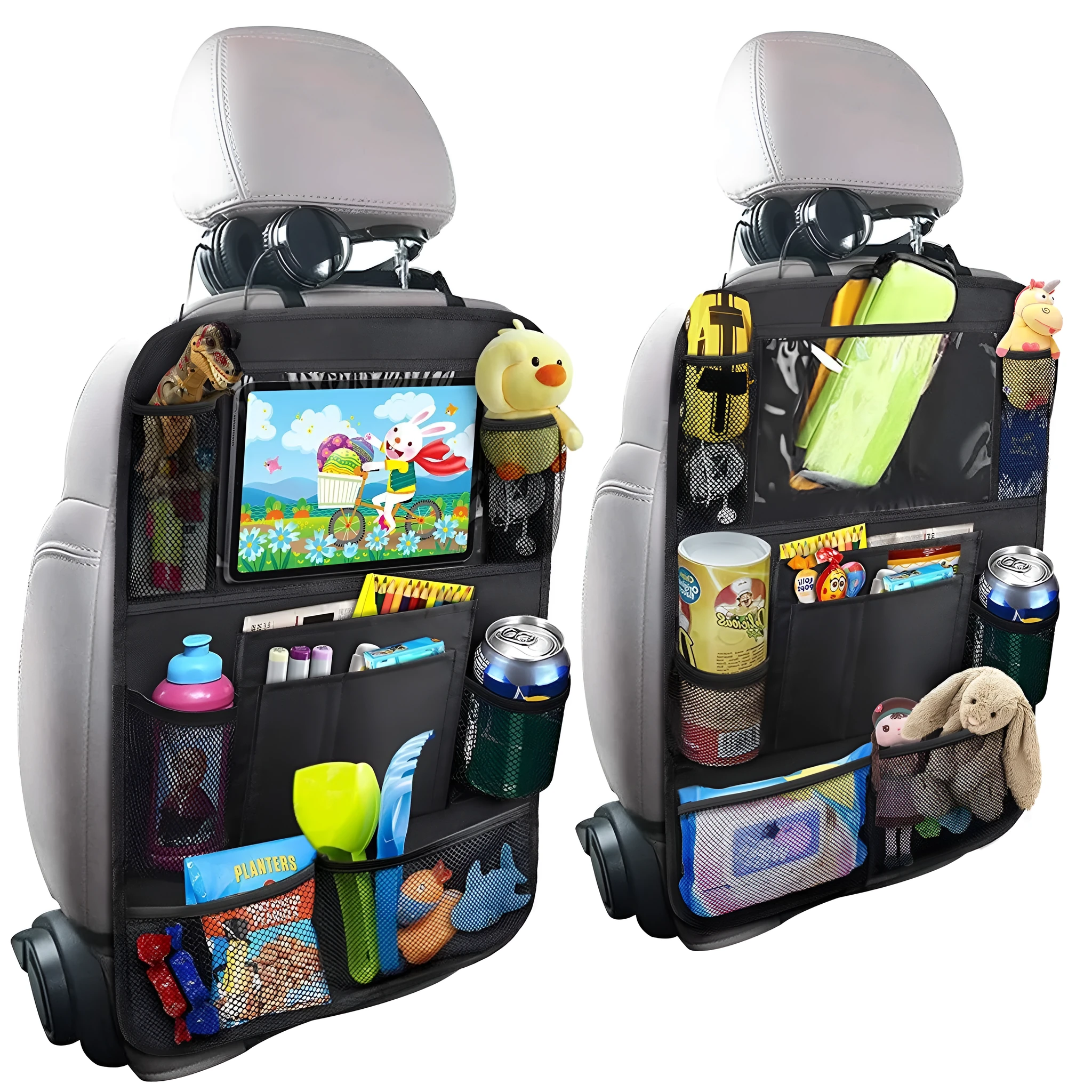 Black car seat back storage pouch with 9 storage bags and transparent iPad touch screen pocket hanging on a car seat back