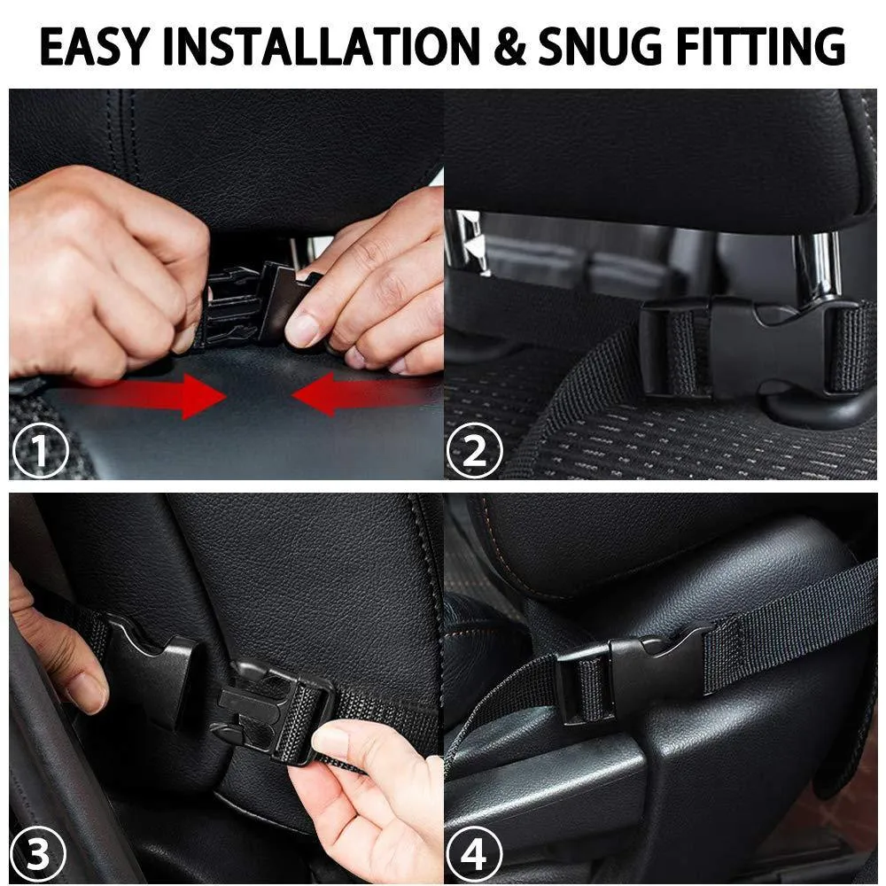 Black car seat back storage pouch with 9 storage bags and transparent iPad touch screen pocket hanging on a car seat back