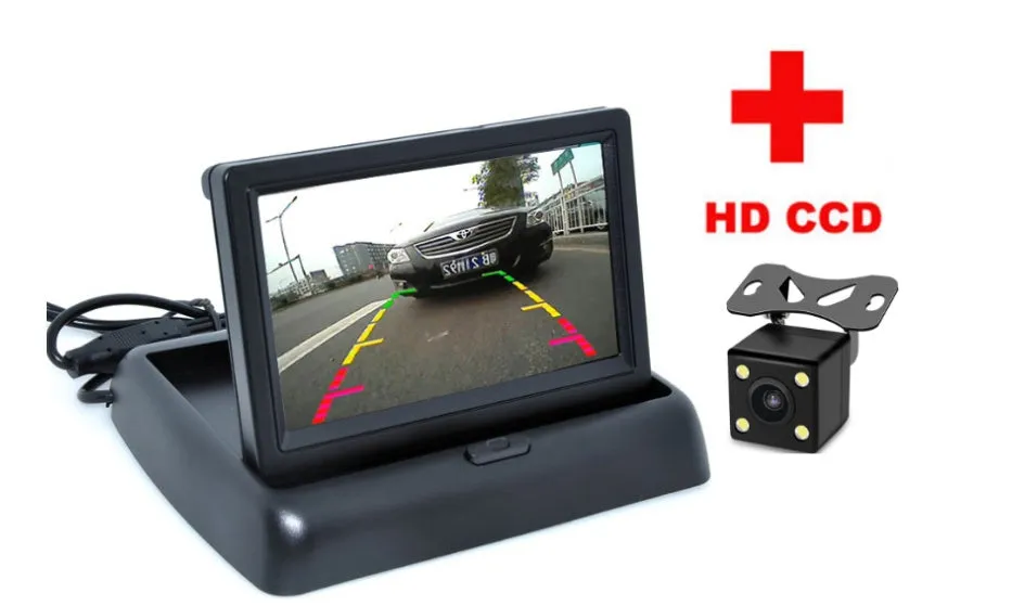 Car baby rearview observation mirror with 4.3 inch folding display and infrared camera in black plastic housing