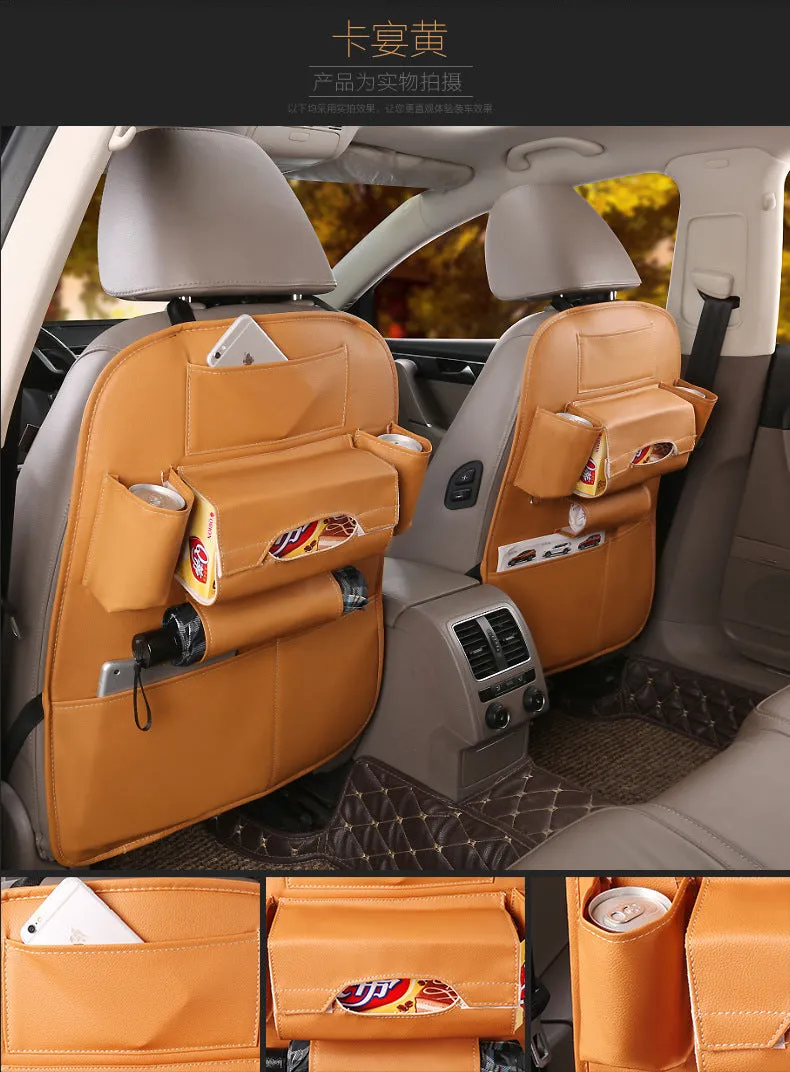 Leather car seat storage box hanging on back of front seat, available in black, beige, wine red, and brown colours
