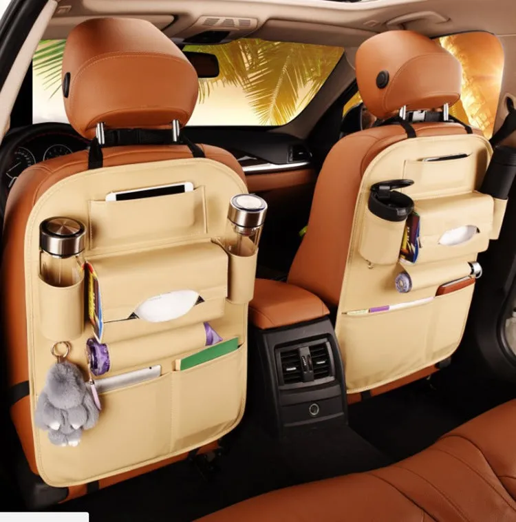 Leather car seat storage box hanging on back of front seat, available in black, beige, wine red, and brown colours