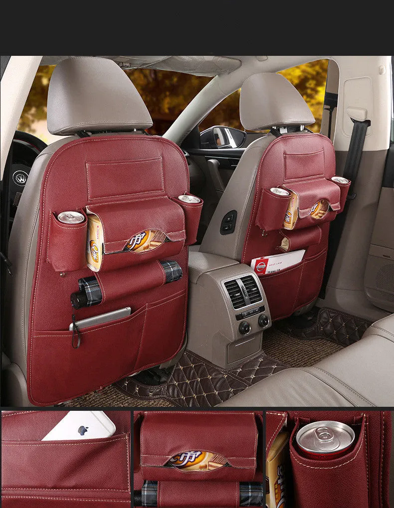 Leather car seat storage box hanging on back of front seat, available in black, beige, wine red, and brown colours