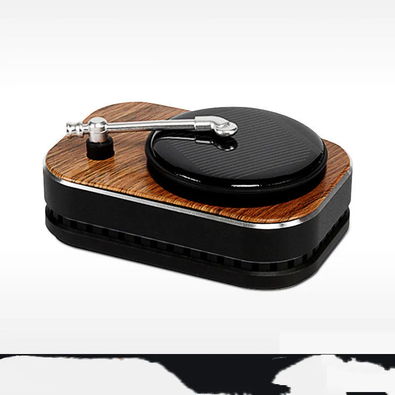 Solar-powered gramophone record player car aromatherapy diffuser in classic black colour