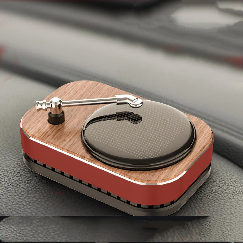 Solar-powered gramophone record player car aromatherapy diffuser in classic black colour