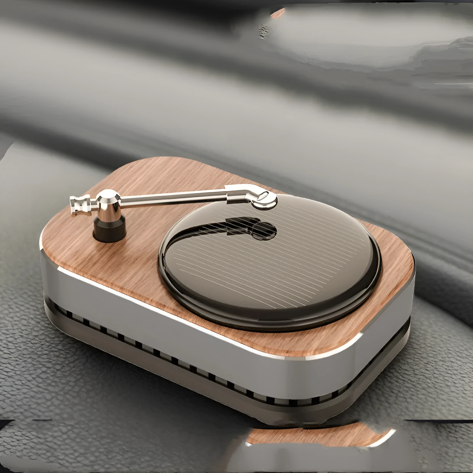 Solar-powered gramophone record player car aromatherapy diffuser in classic black colour