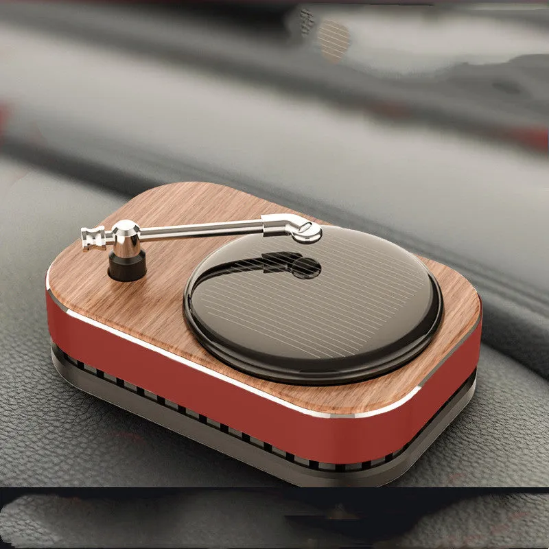 Solar-powered gramophone record player car aromatherapy diffuser in classic black colour
