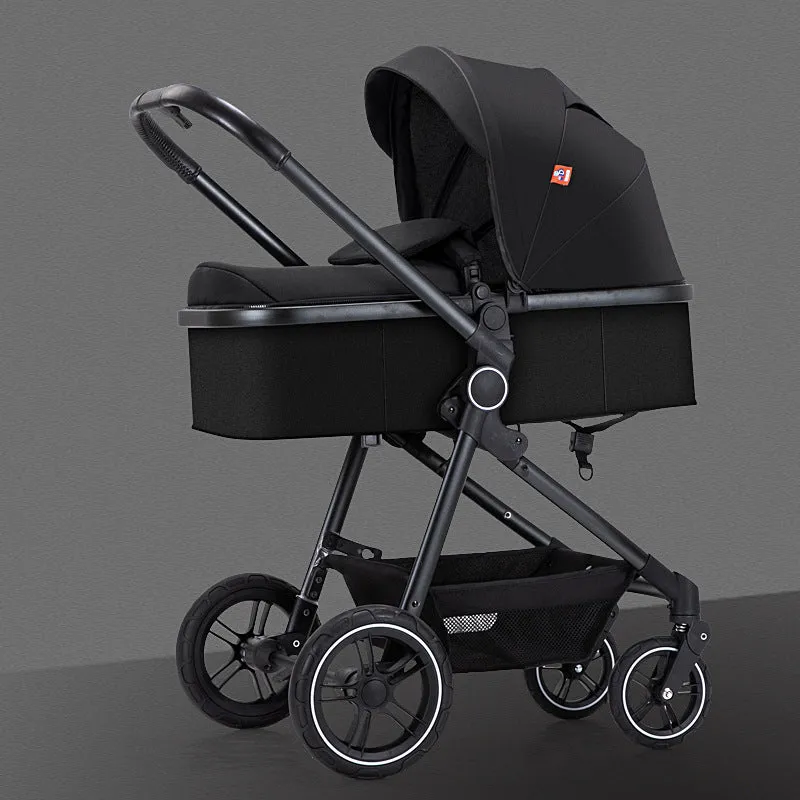 Four-wheel aluminium alloy pushchair with lie-flat high-view seat in classic black colour option