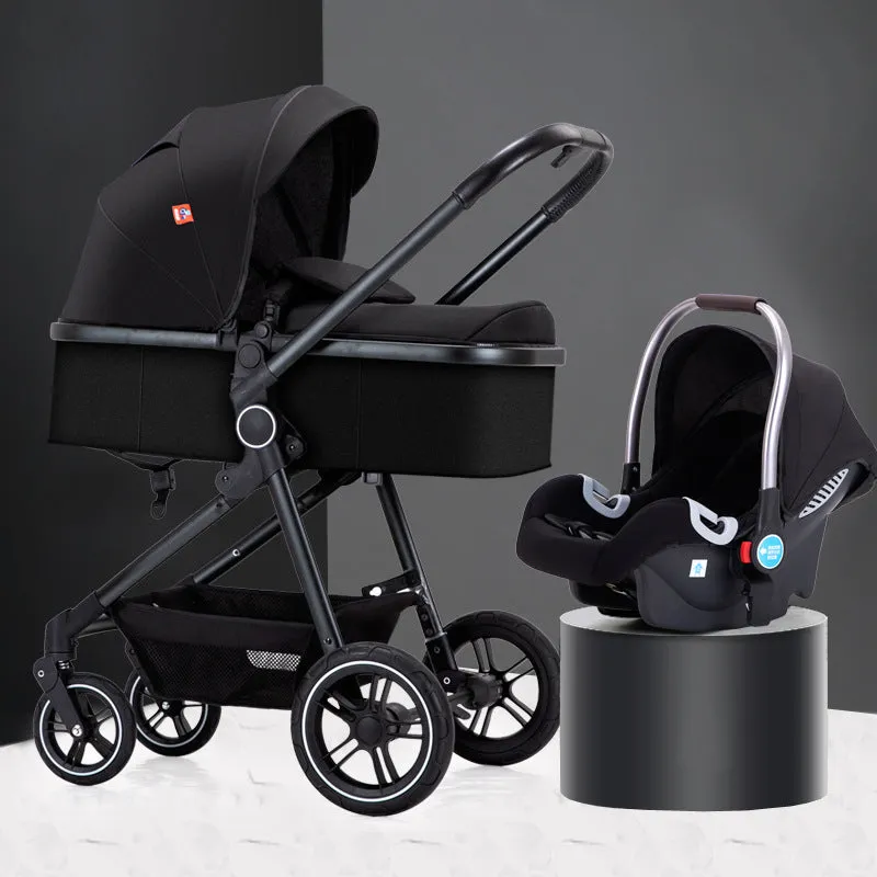 Four-wheel aluminium alloy pushchair with lie-flat high-view seat in classic black colour option