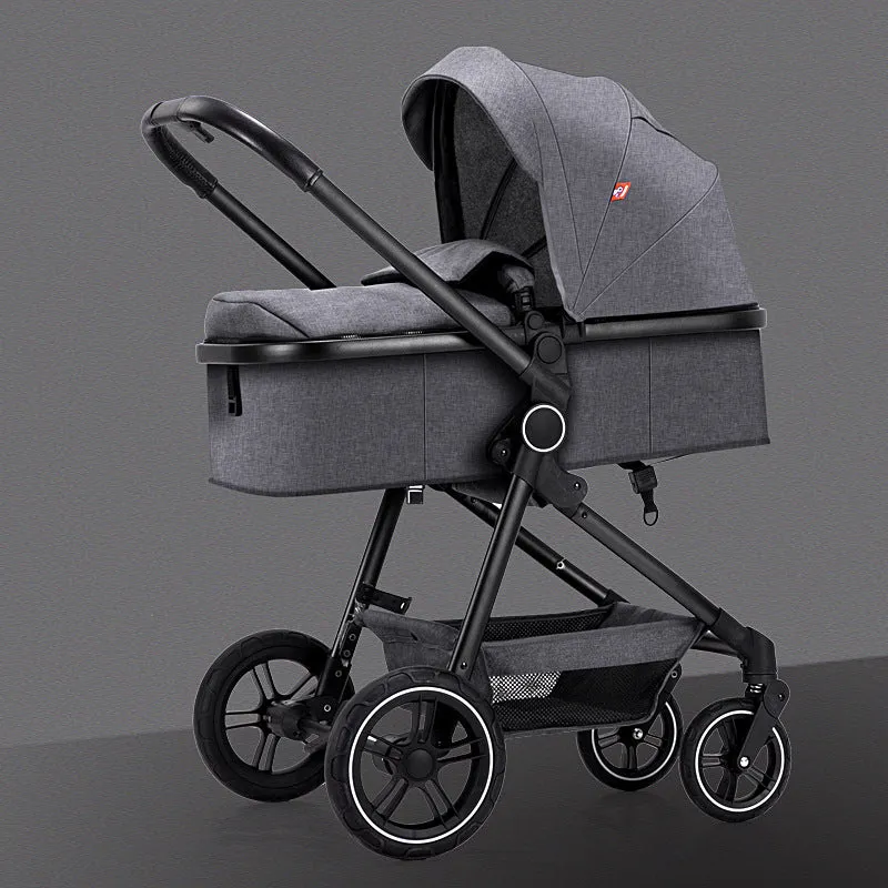 Four-wheel aluminium alloy pushchair with lie-flat high-view seat in classic black colour option