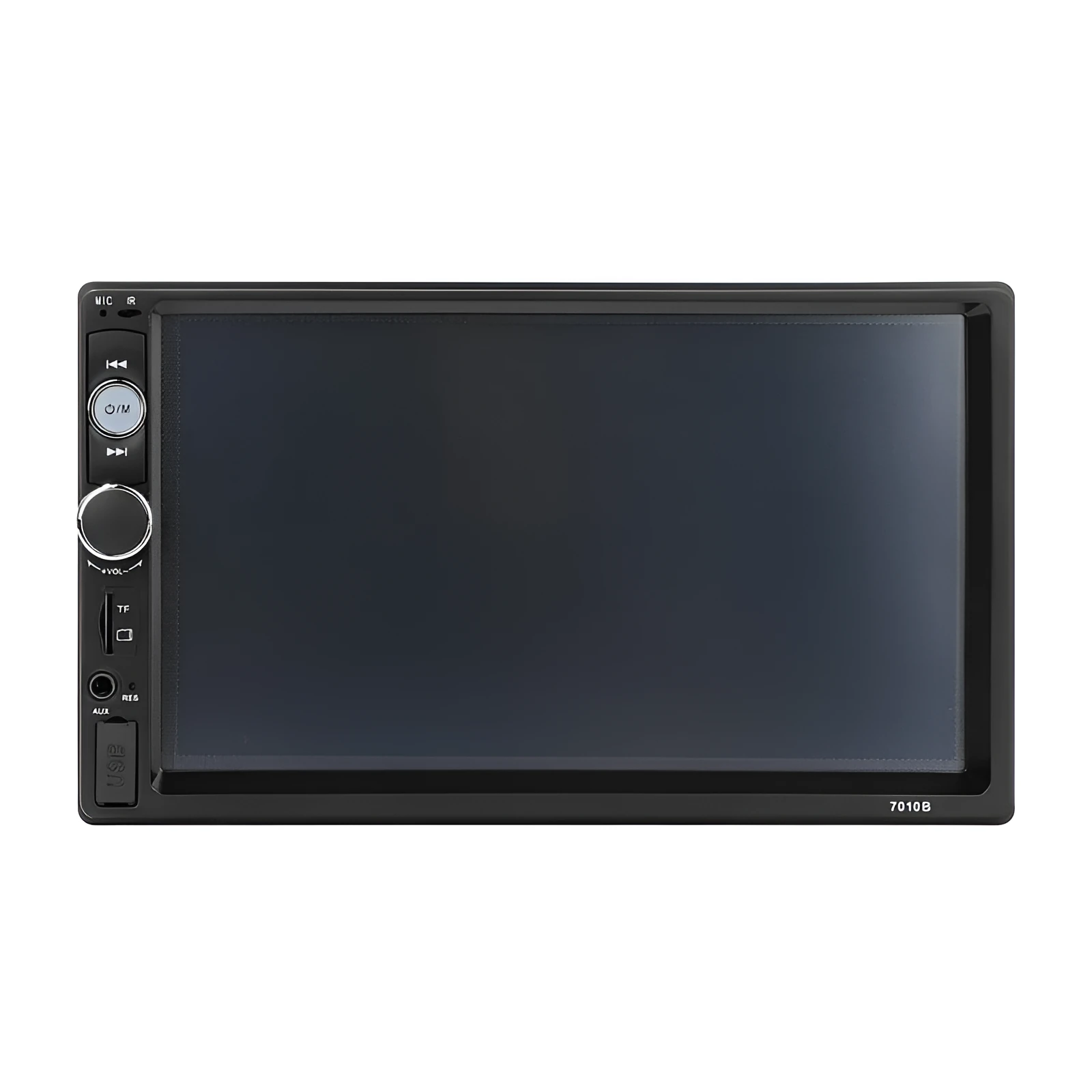 Car MP5 player with 7-inch LCD screen and black faceplate showing radio controls and colourful lights