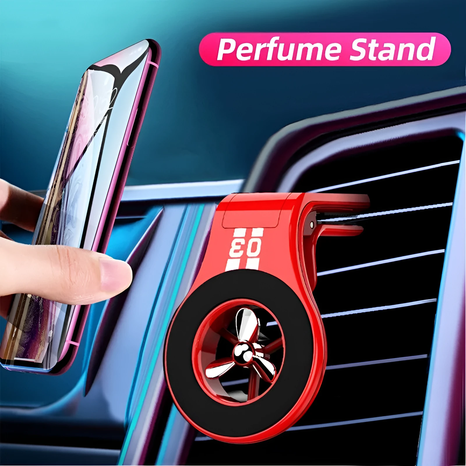 Magnetic car air vent phone holder with perfume diffuser in black, showing 360-degree rotation