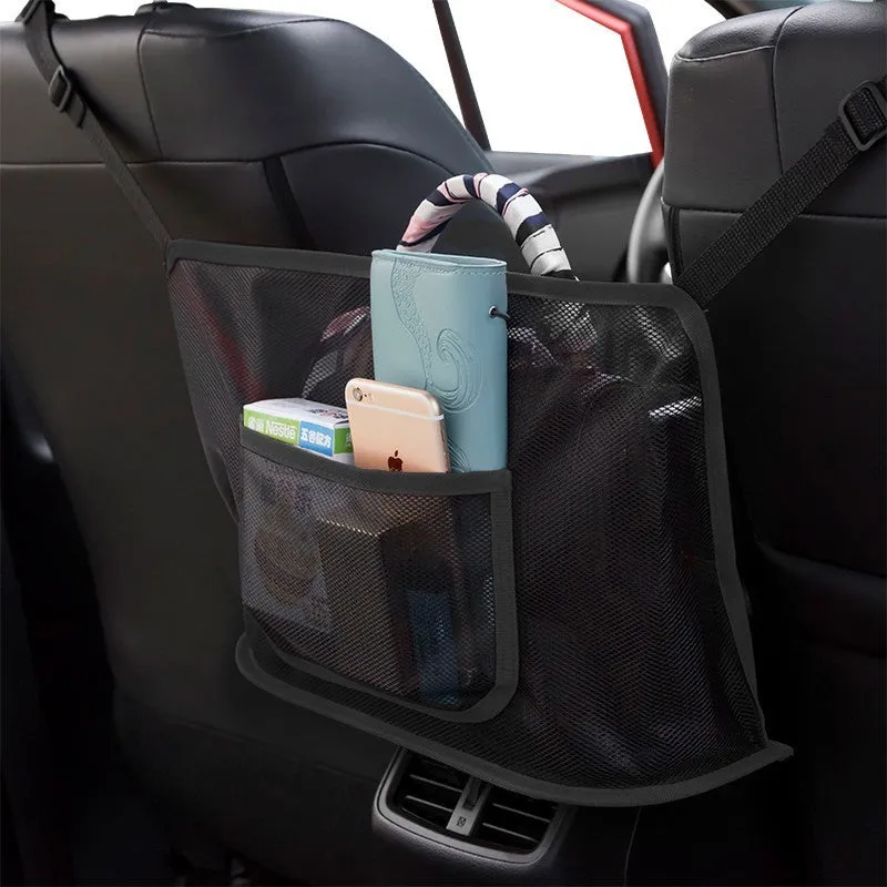Polyester mesh car seat storage net organiser with adjustable belt, 40x12x26cm, in black, single pocket design