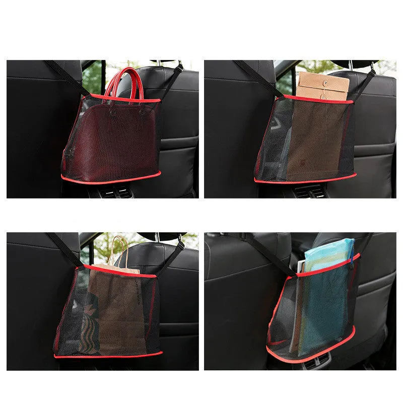 Polyester mesh car seat storage net organiser with adjustable belt, 40x12x26cm, in black, single pocket design