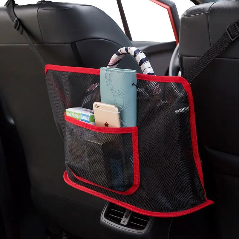 Polyester mesh car seat storage net organiser with adjustable belt, 40x12x26cm, in black, single pocket design