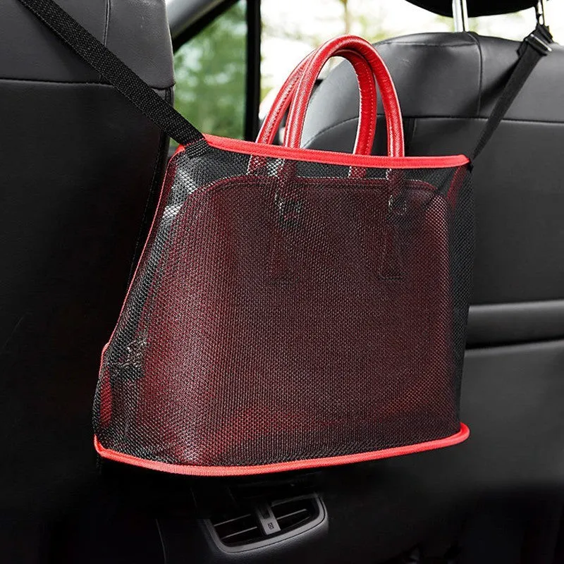 Polyester mesh car seat storage net organiser with adjustable belt, 40x12x26cm, in black, single pocket design