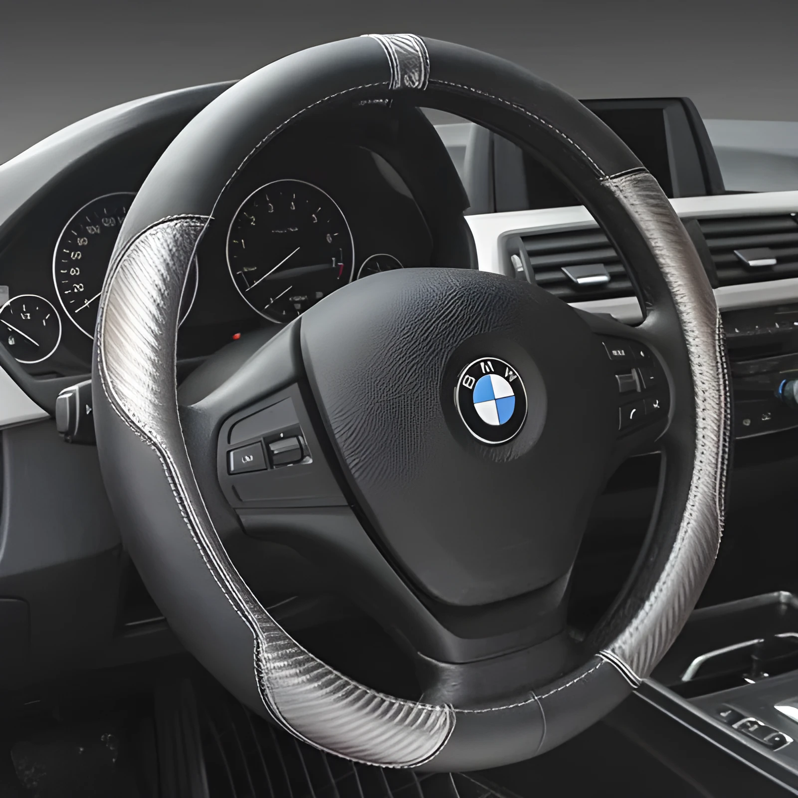 High Gear leather car steering wheel cover in black grey for 38cm steering wheels