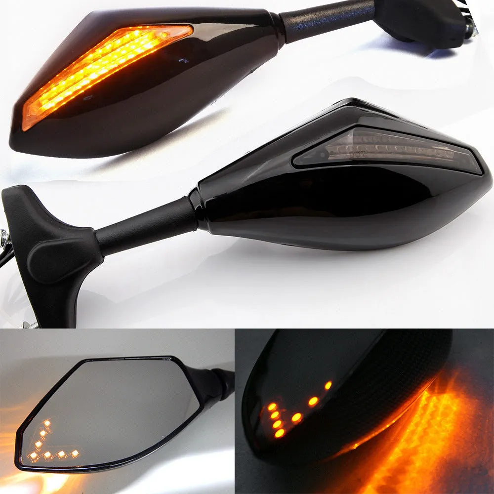 Motorcycle rear view mirror with LED arrow light in carbon grain finish on a Japanese street car