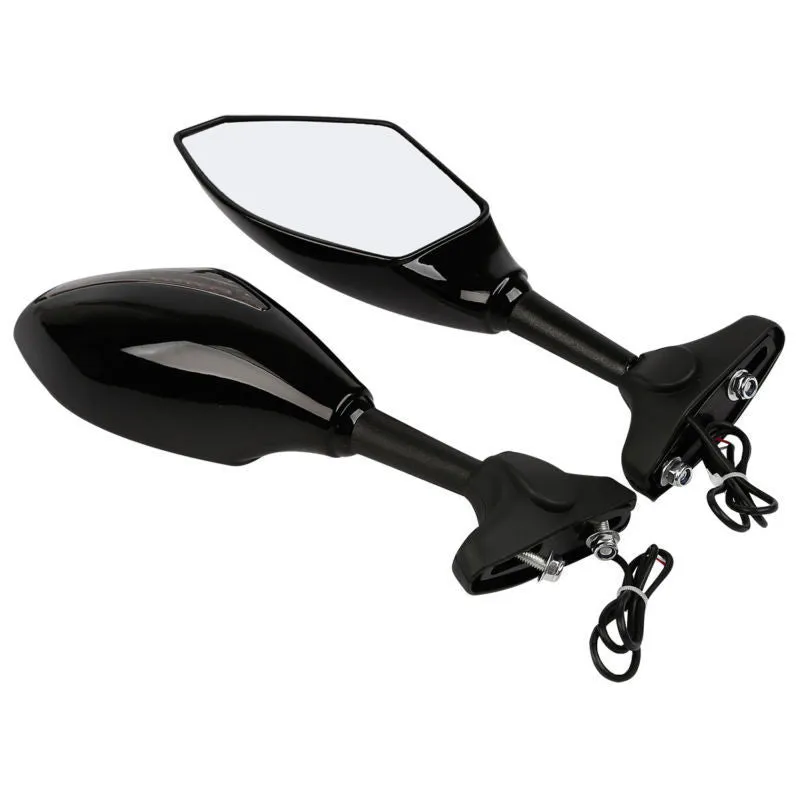 Motorcycle rear view mirror with LED arrow light in carbon grain finish on a Japanese street car