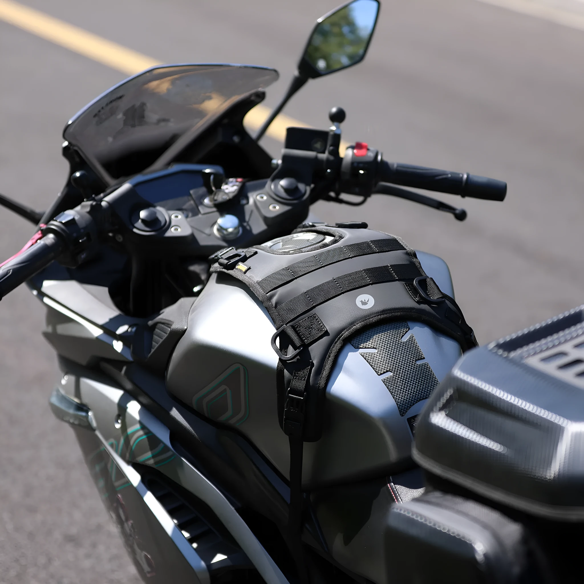 Polyester motorcycle fuel tank vest mount in MT001A colour with three black straps on a bike tank