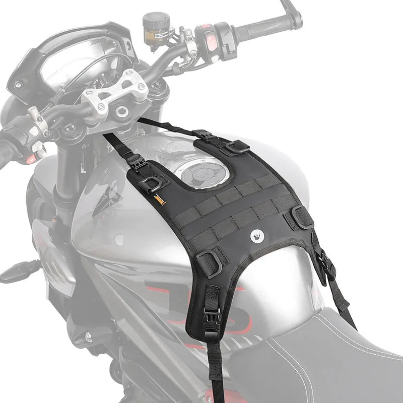 Polyester motorcycle fuel tank vest mount in MT001A colour with three black straps on a bike tank