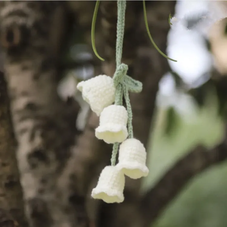 Green and white knitted wool car plant ornament with hanging rope.