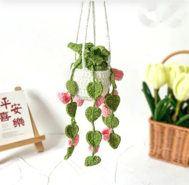 Green and white knitted wool car plant ornament with hanging rope.