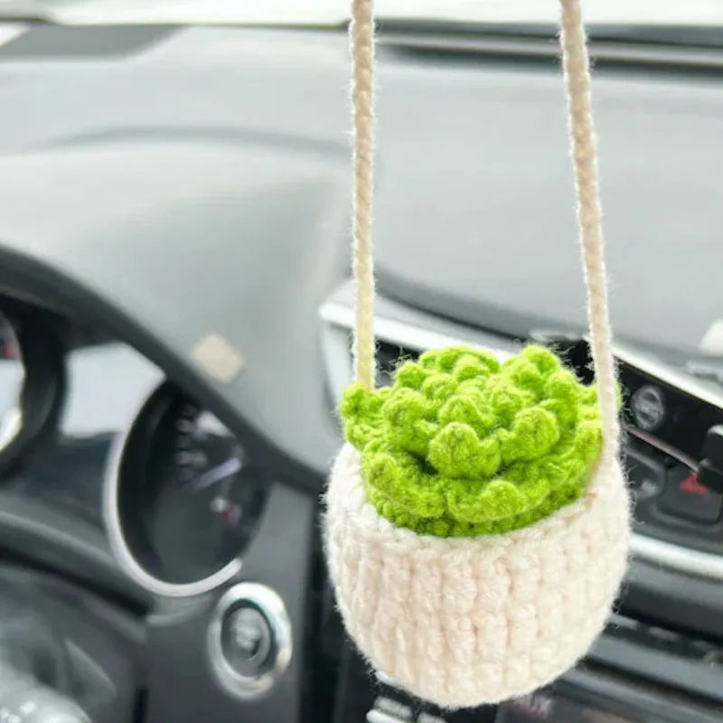 Green and white knitted wool car plant ornament with hanging rope.