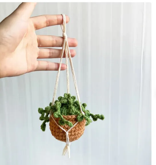 Green and white knitted wool car plant ornament with hanging rope.