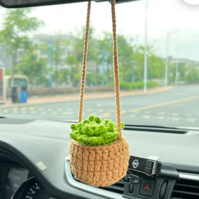 Green and white knitted wool car plant ornament with hanging rope.