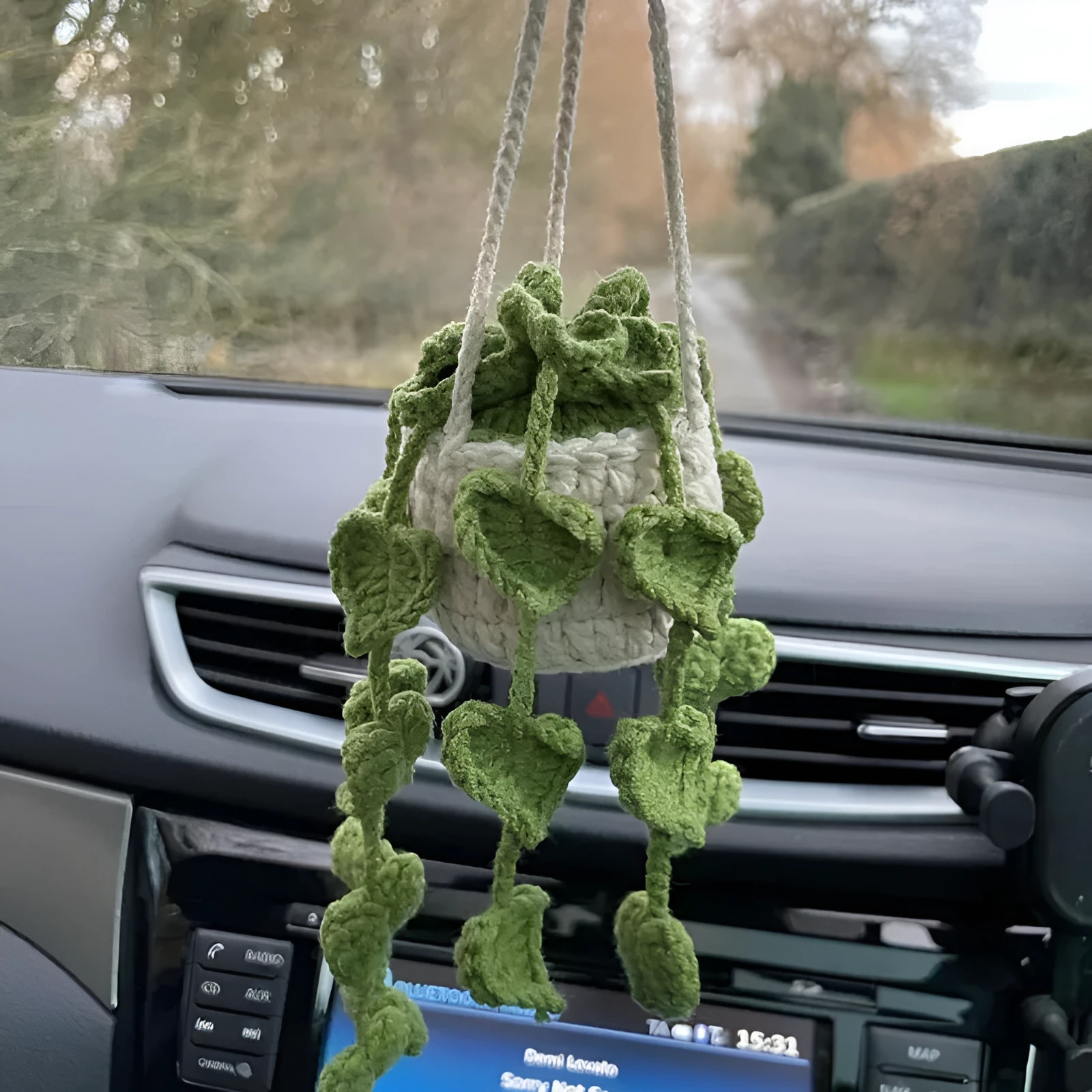 Green and white knitted wool car plant ornament with hanging rope.