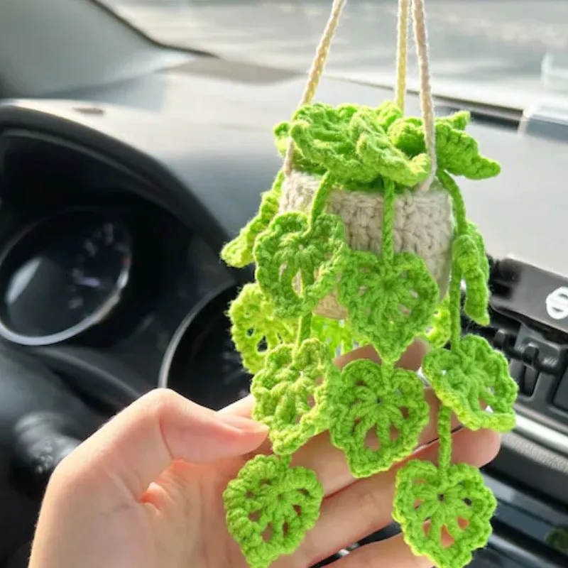Green and white knitted wool car plant ornament with hanging rope.