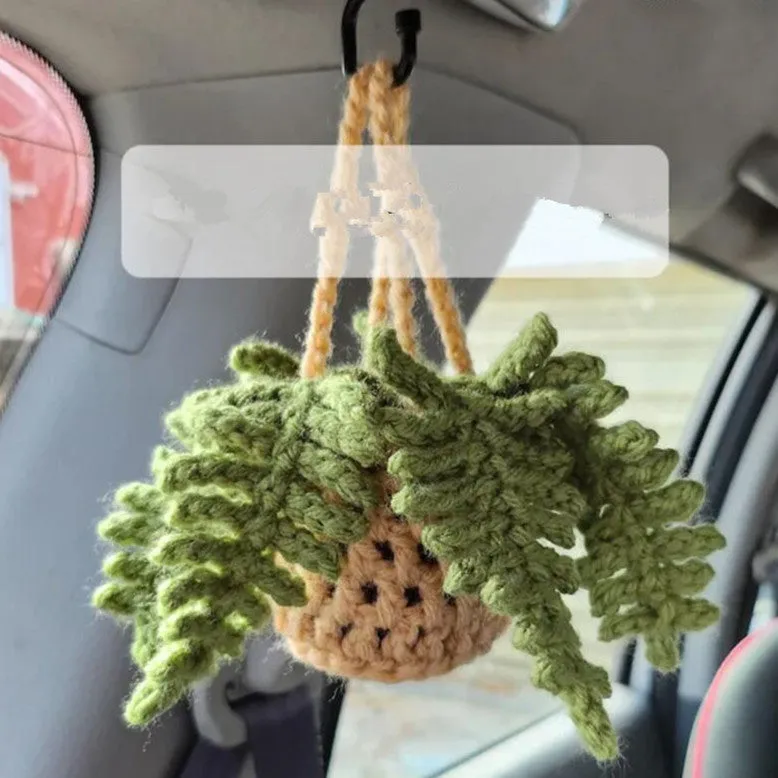 Green and white knitted wool car plant ornament with hanging rope.