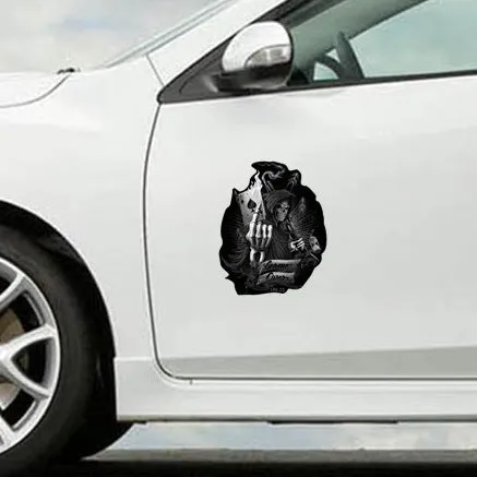 Black reflective skull spades playing card car sticker on vehicle body