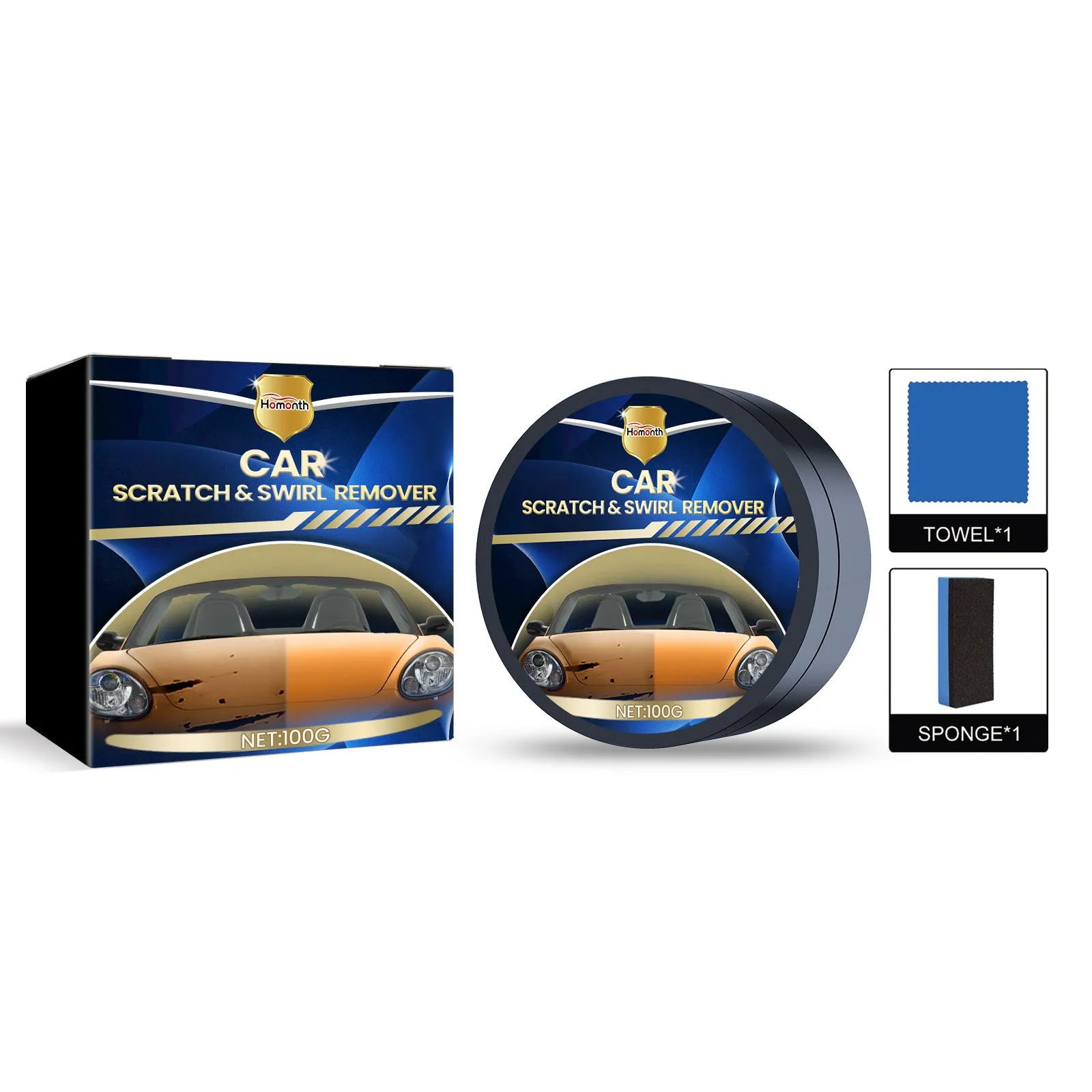 Car scratch wax 100g with sponge and cloth, 9.1cm x 9.1cm wax block for paint repair