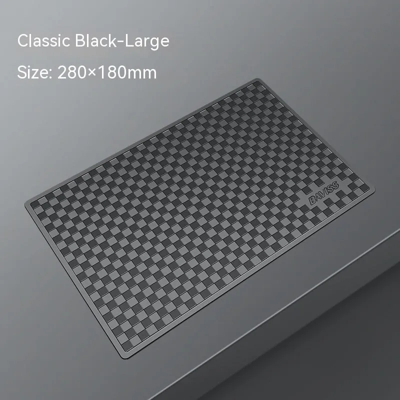 PU car dashboard anti-slip pad for mobile phone in Classic Black, showing textured surface and fit on instrument panel