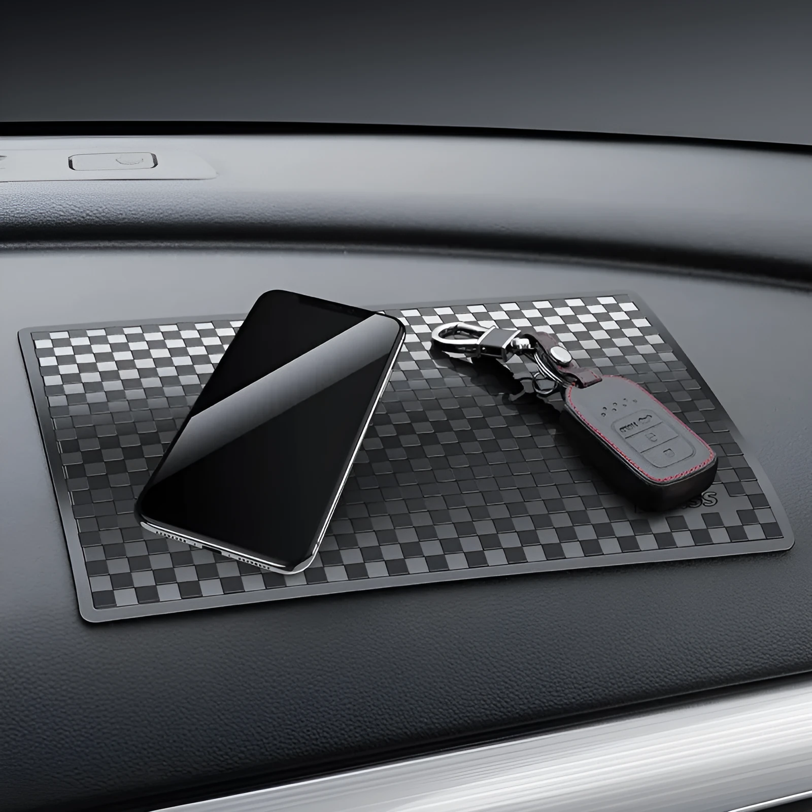 PU car dashboard anti-slip pad for mobile phone in Classic Black, showing textured surface and fit on instrument panel