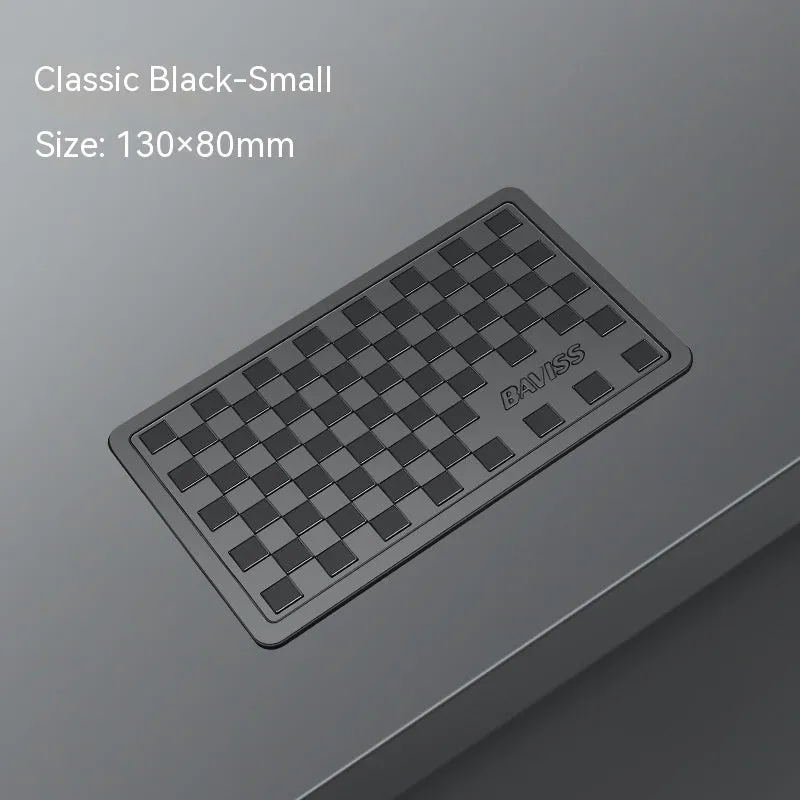 PU car dashboard anti-slip pad for mobile phone in Classic Black, showing textured surface and fit on instrument panel