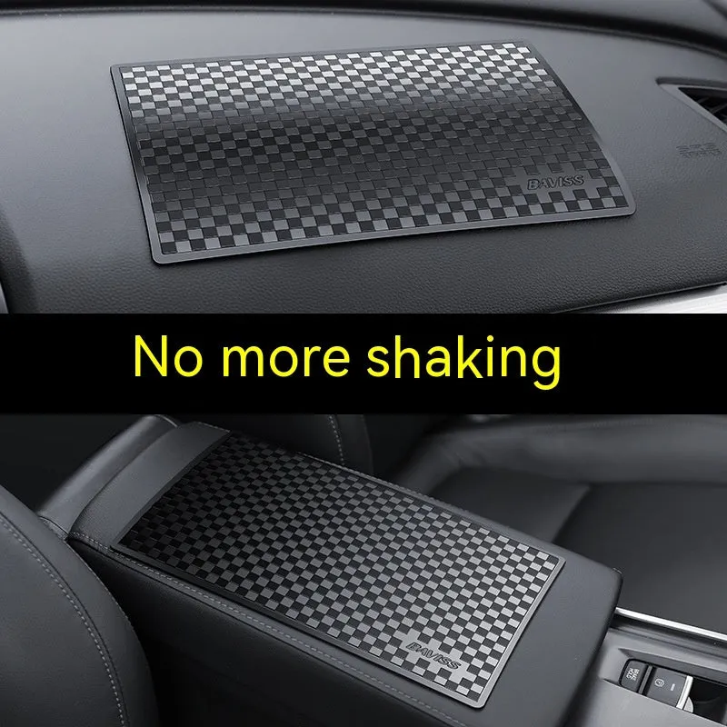 PU car dashboard anti-slip pad for mobile phone in Classic Black, showing textured surface and fit on instrument panel